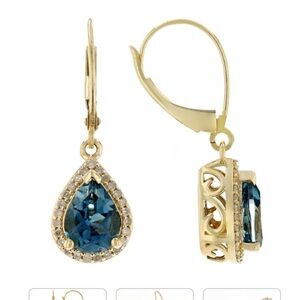 NEW 10K  YG London Blue Topaz & Diamond Yellow Gold Dangle Hoop Earrings 2.59ctw